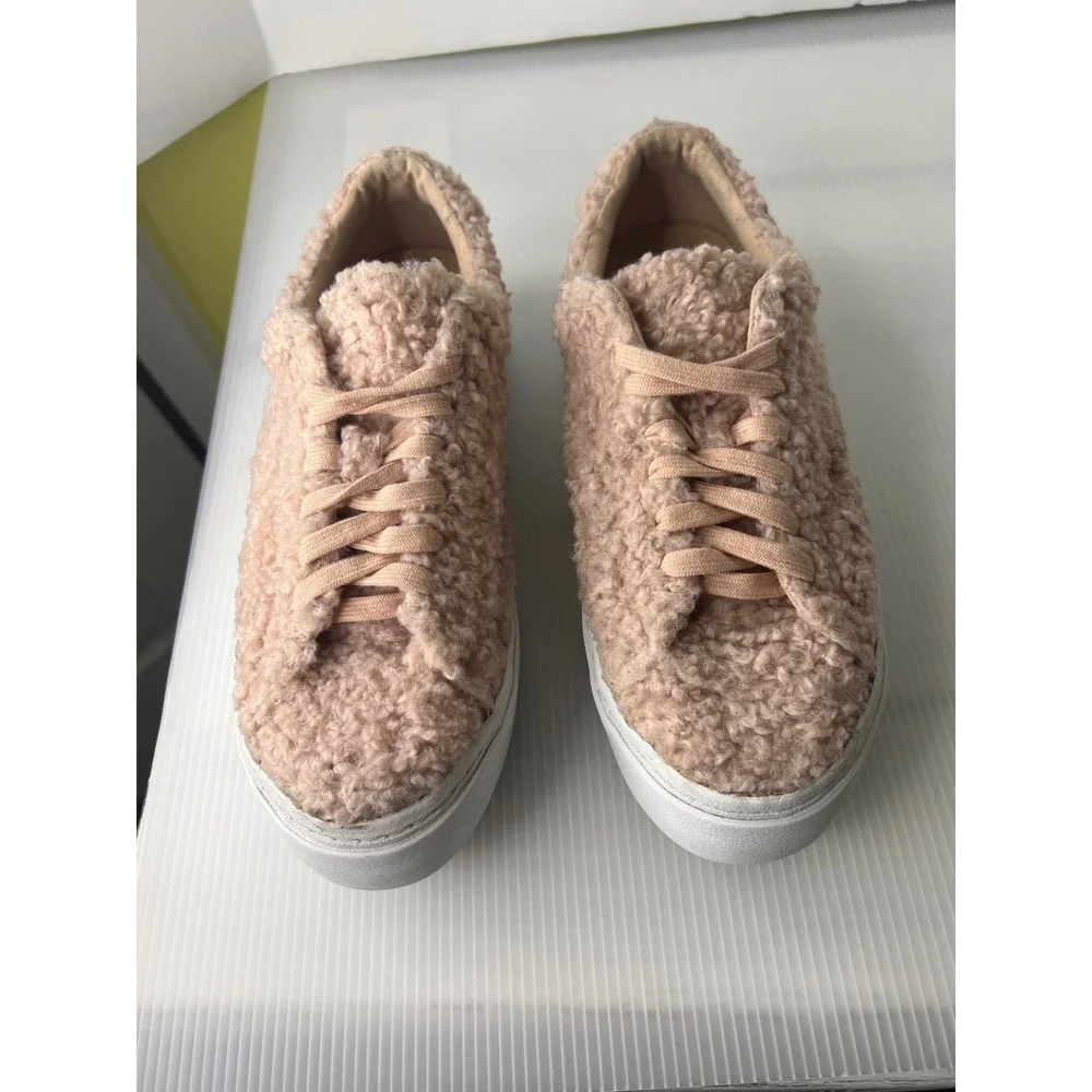 Zara Pink Sherpa Faux Fur Platform Sneakers Low Top Blush EU 37 Size 7